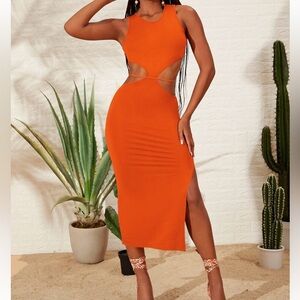 Elegant Orange Cut-Out Midi Dress